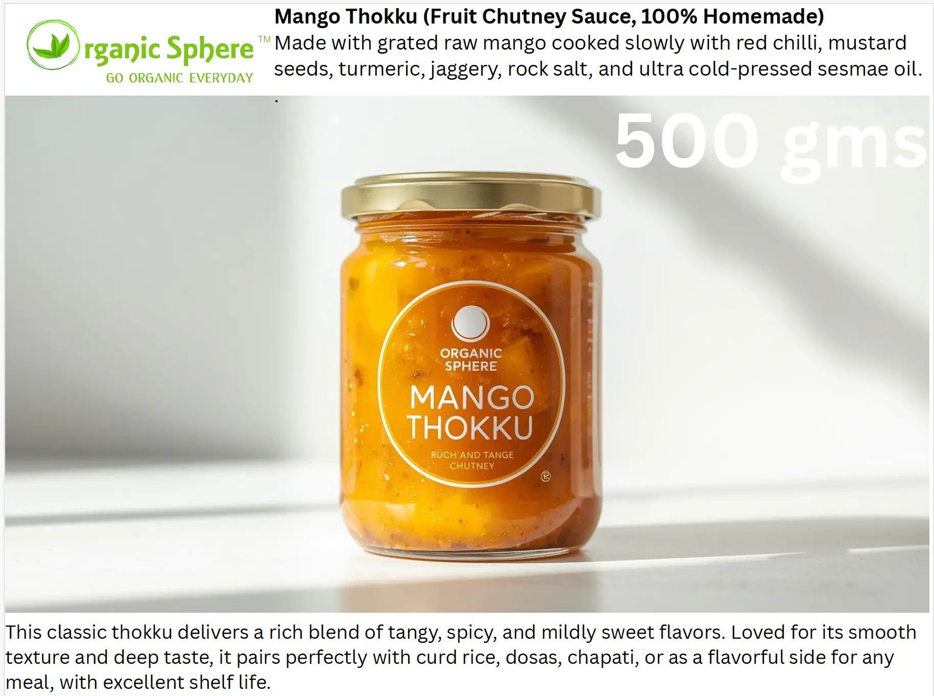 Mango Thokku (Fruit Chutney Sauce, 100% Homemade) Organic Sphere