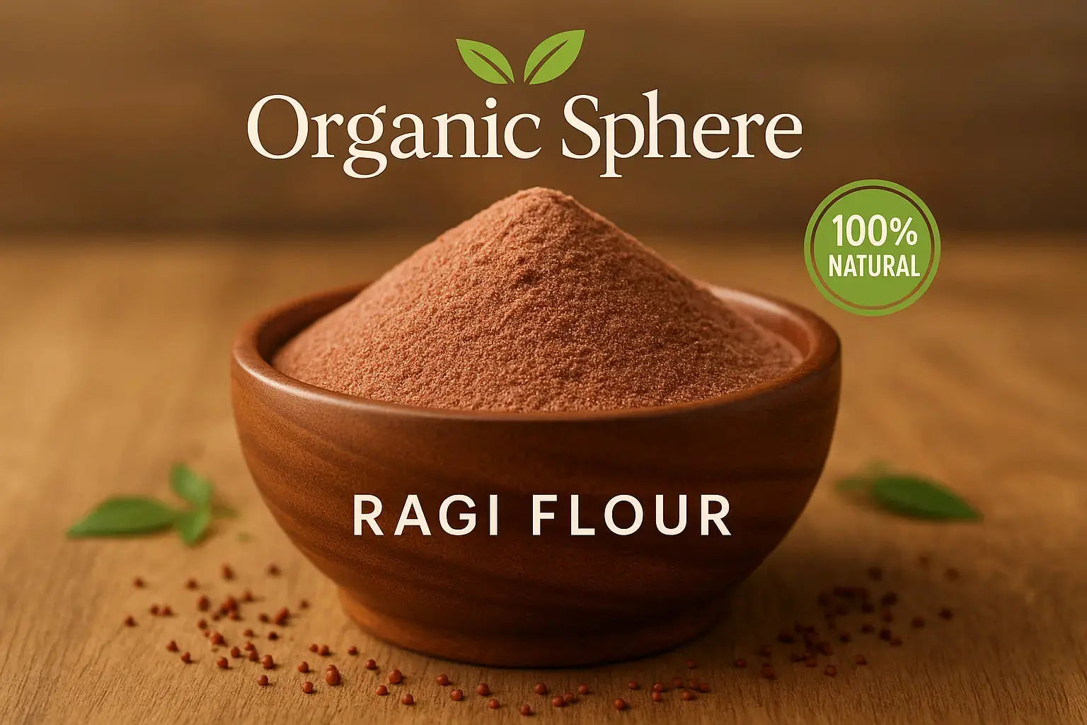 Fresh Ragi Flour in a bowl with Organic Sphere brand, fresh and 100% natural icons