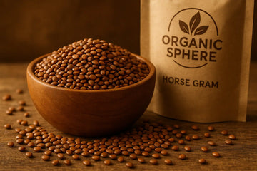 Horse gram with Organic Sphere branding in a bowl.