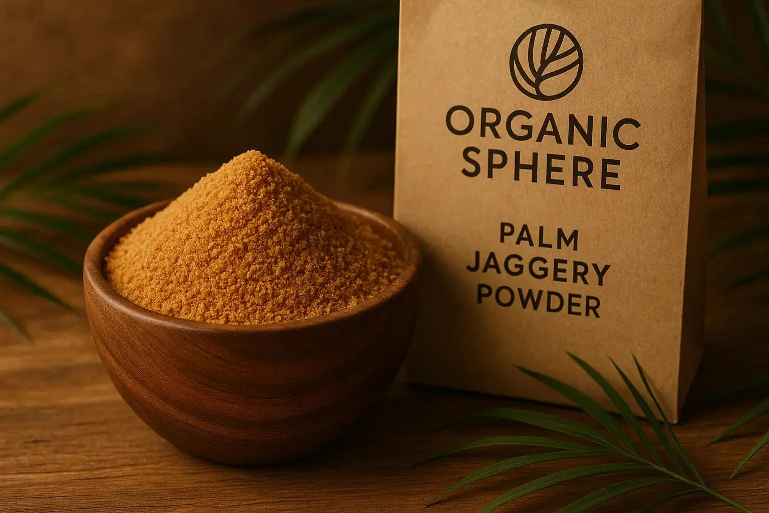 Palm Jaggery Powder in a bowl with Organic Sphere brand