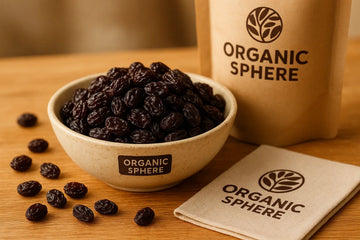Raisins in a bowl with Organic Sphere branding